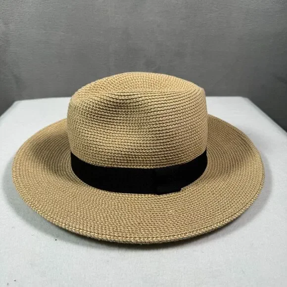 Panama Hat Straw Unisex OS Tan Black Band Fedora Sun Shade Beach Boho Preppy - Picture 4 of 7